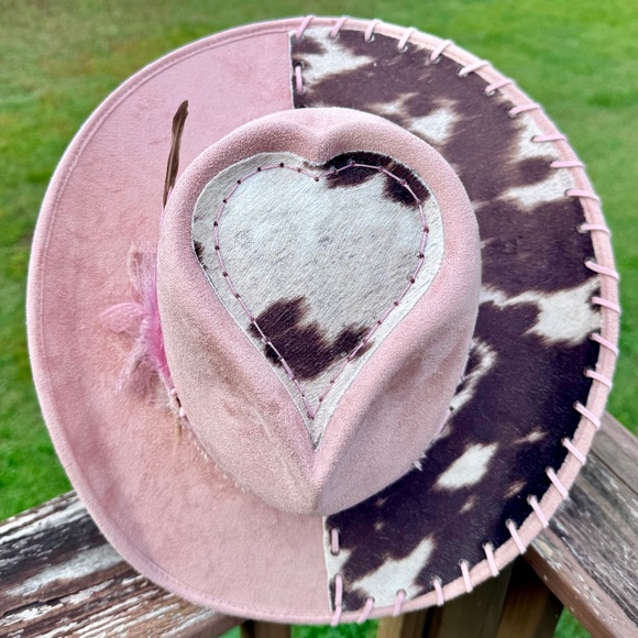 Pink Heart Shaped Cowboy Hat with Attached Cowhide, Hand Burned - Picture 1 of 5